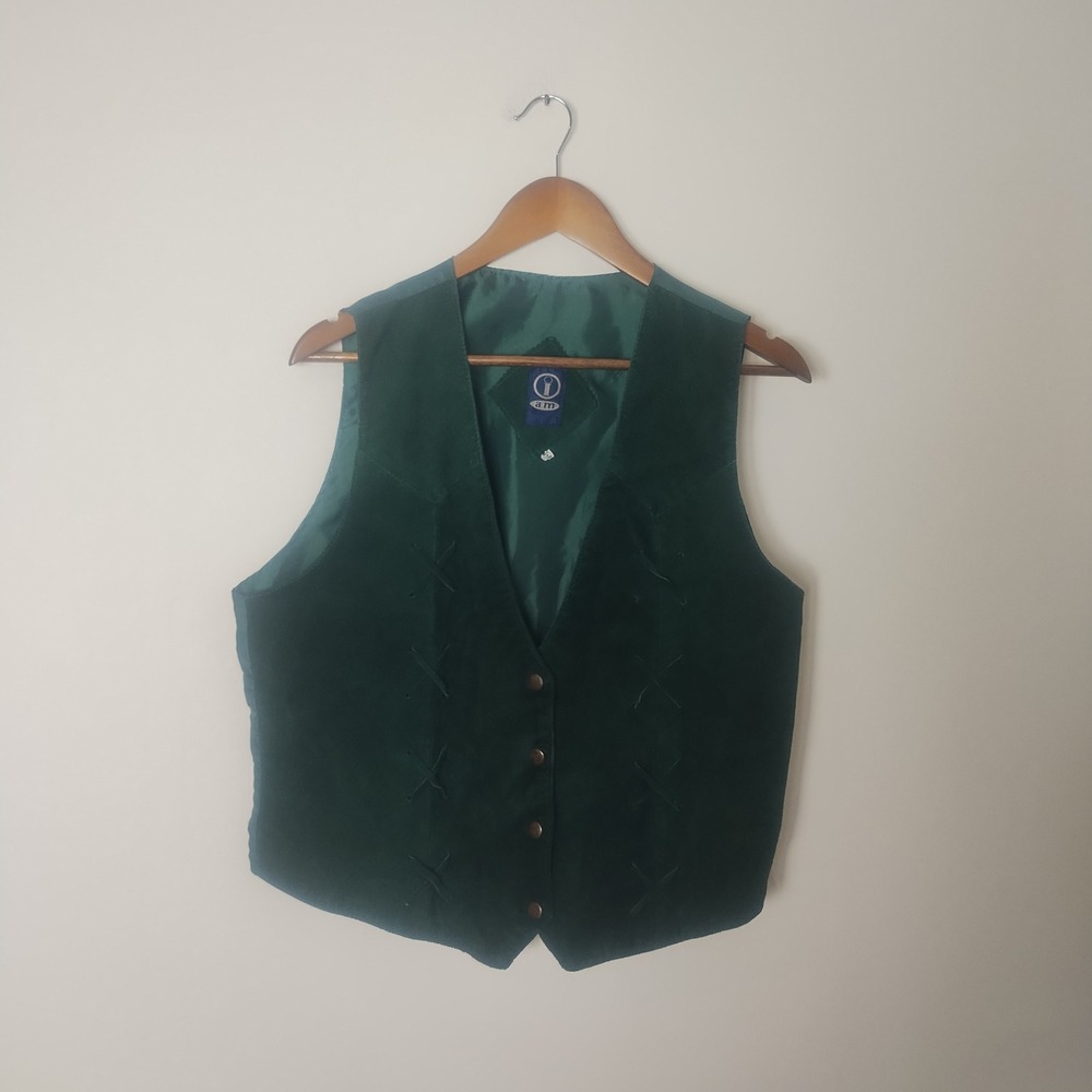 Vintage I Am Suede Leather Vest Large Green Laced Western Boho Renaissance